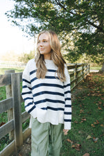 Crewneck Stripe Sweater-Cream/Navy