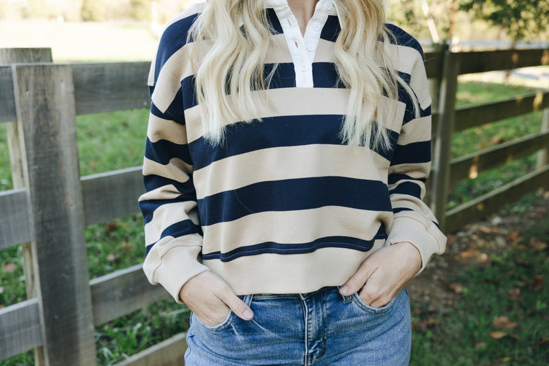 Striped Crop Rugby-Navy/Taupe