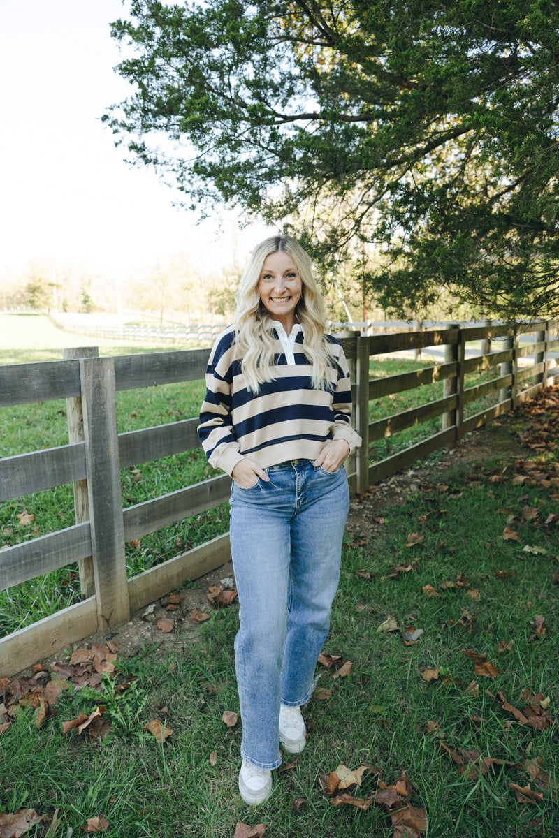 Striped Crop Rugby-Navy/Taupe