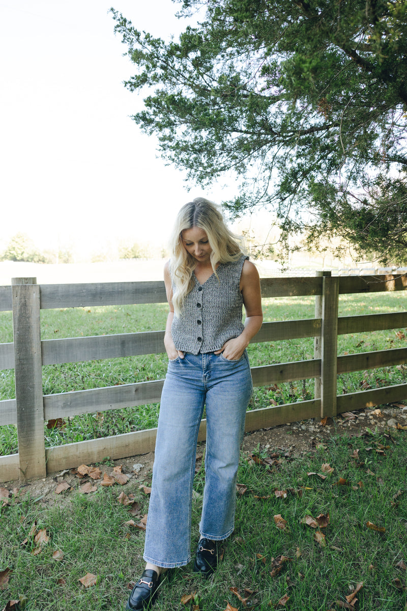 V Neck Button Down Vest-Gray Tweed