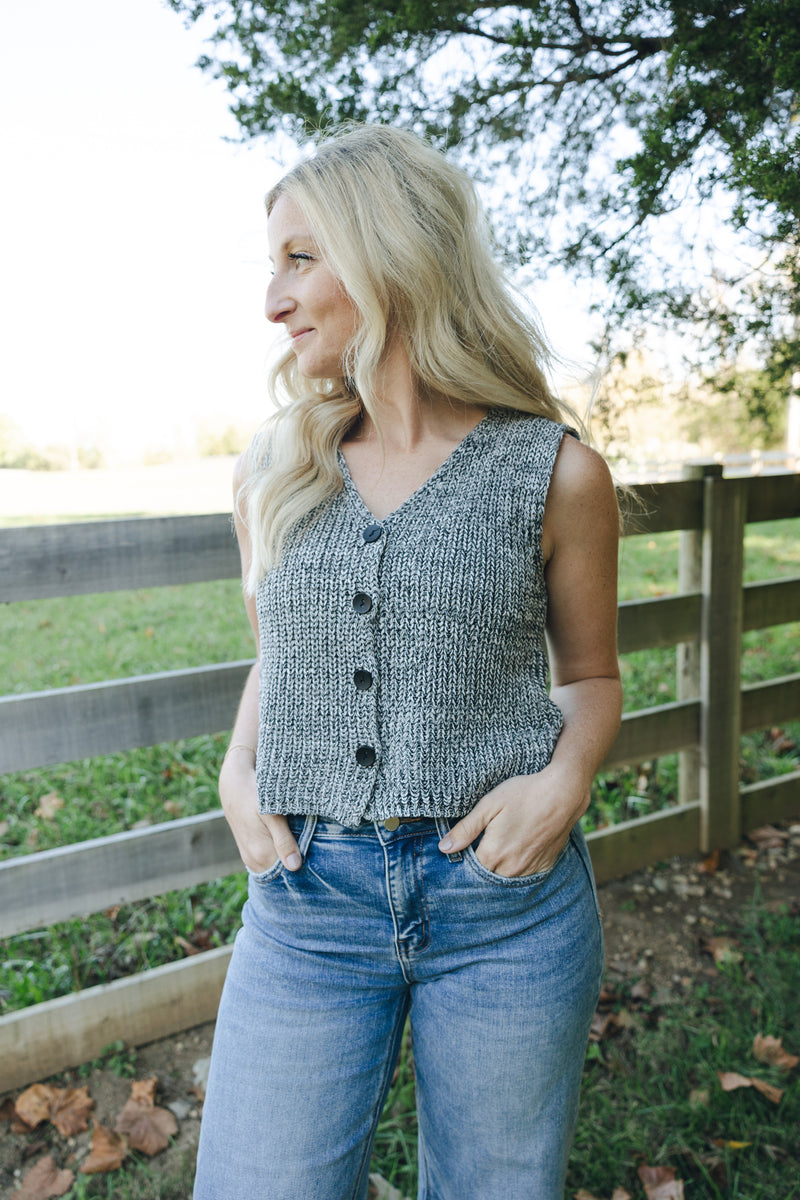 V Neck Button Down Vest-Gray Tweed