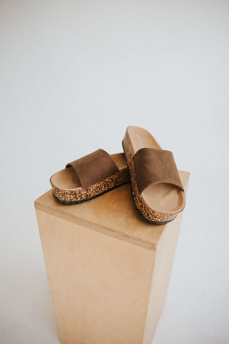 Suede Slide W/ Cork Bottom-Brown