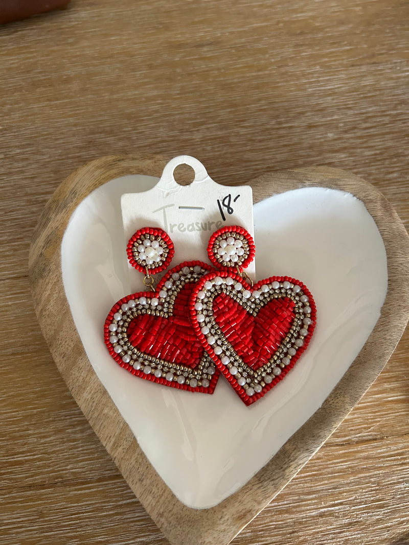 Beaded Heart Earring-Red