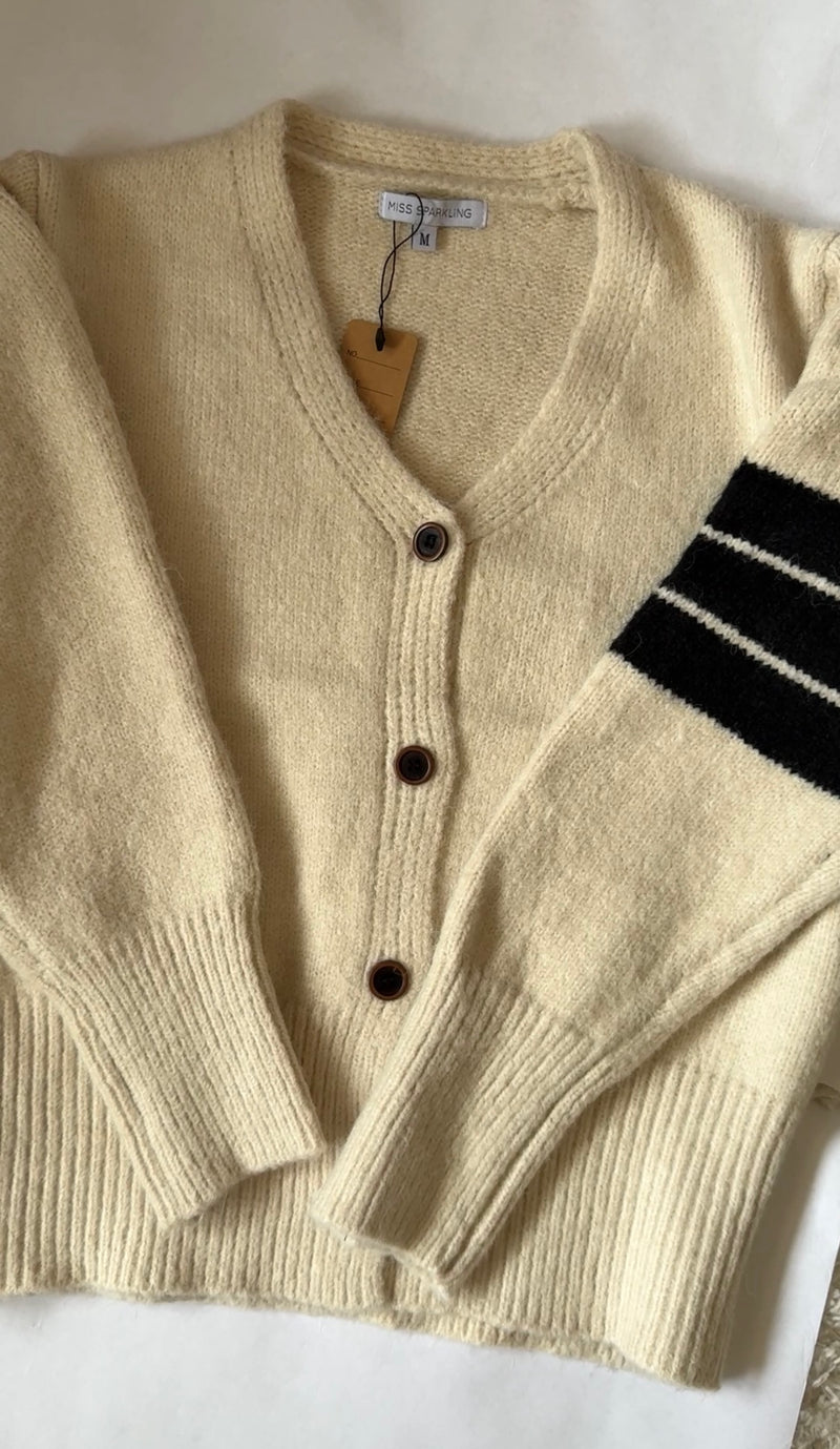 Stripe Sleeve Cardigan-Cream/Black Stripe