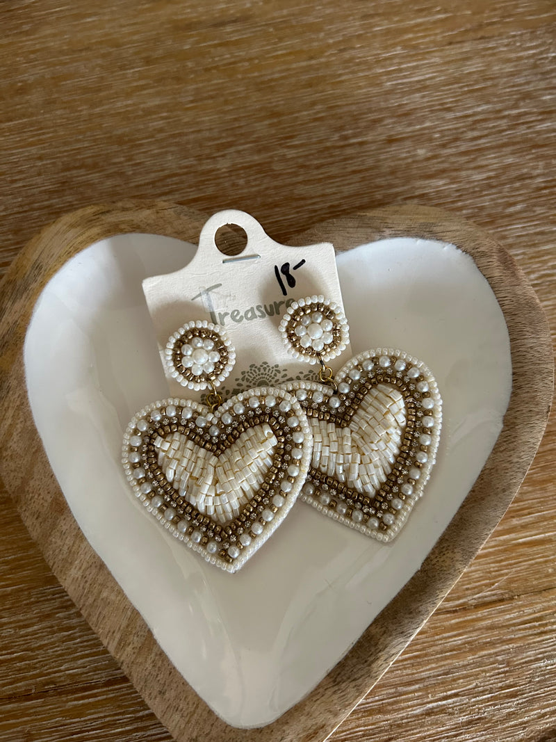 Beaded Heart Earring-Ivory