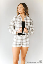 High Waist Plaid Denim Shorts-Black/Brown Plaid