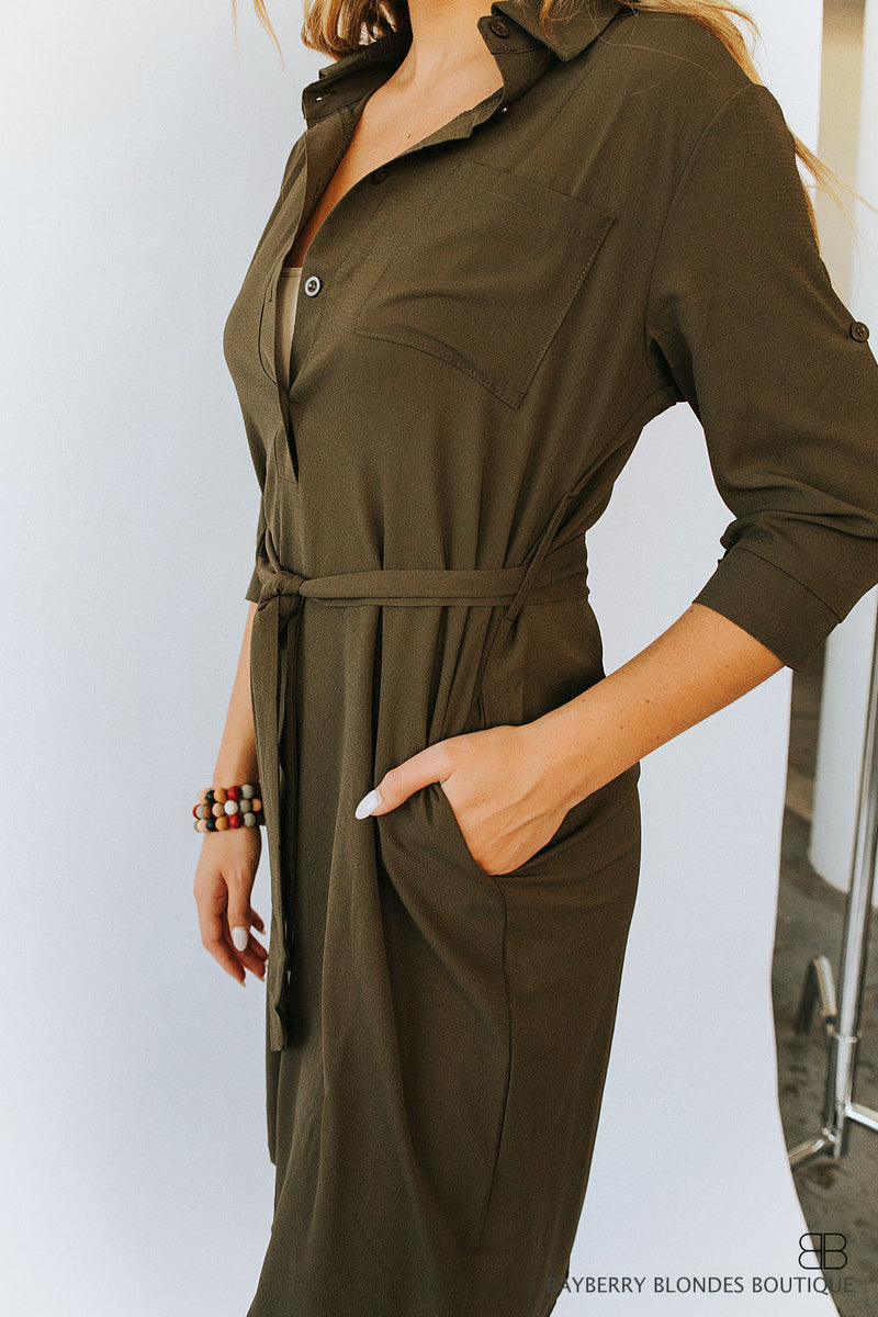 Button Mid Sleeve Dress-Army Green